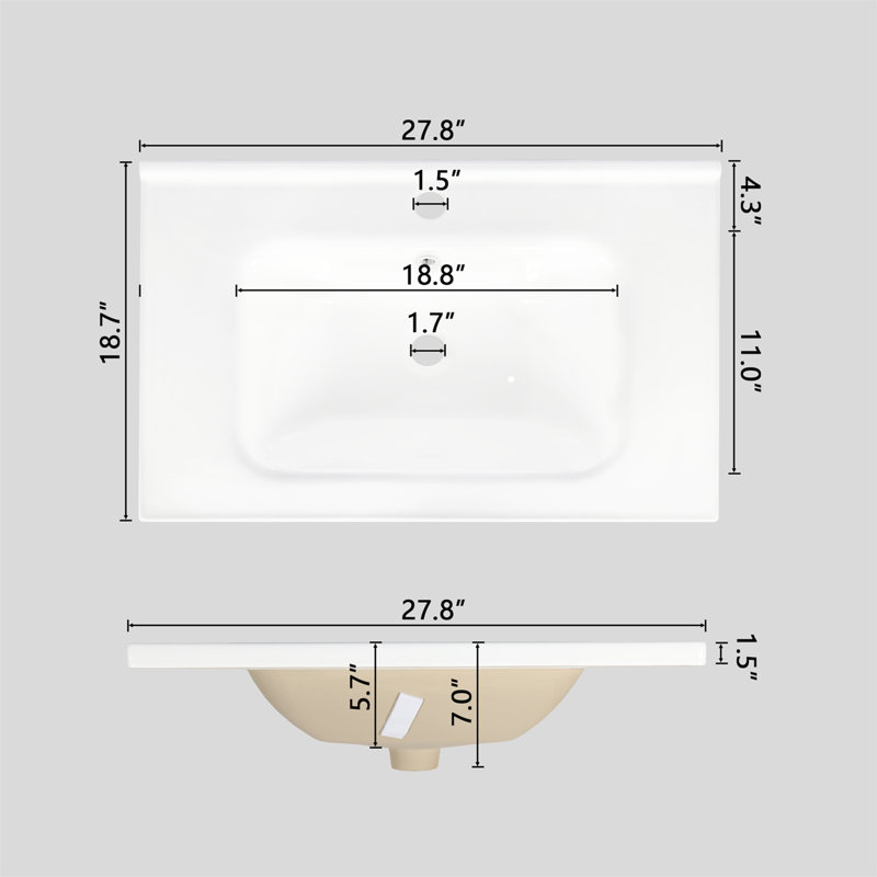 27.8" White Ceramic Basin, Only Ceramic Sink, Without Cabinet