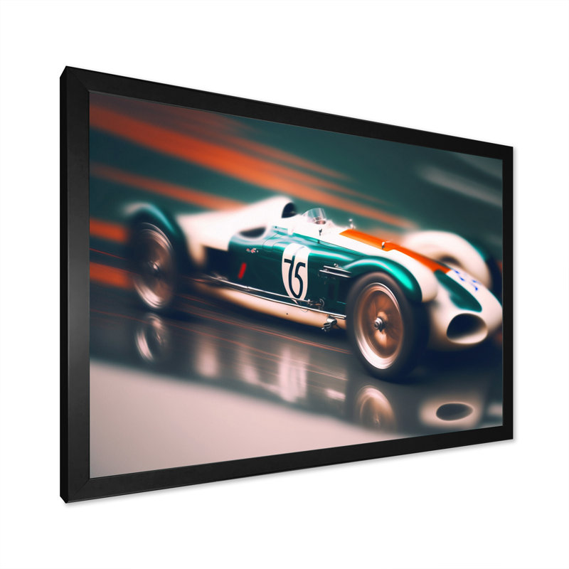 Voiture de course rétro bleue - reproduction sur toile, Toile avec cadre photo noir, H 12 po x l 20 po x P 1 po