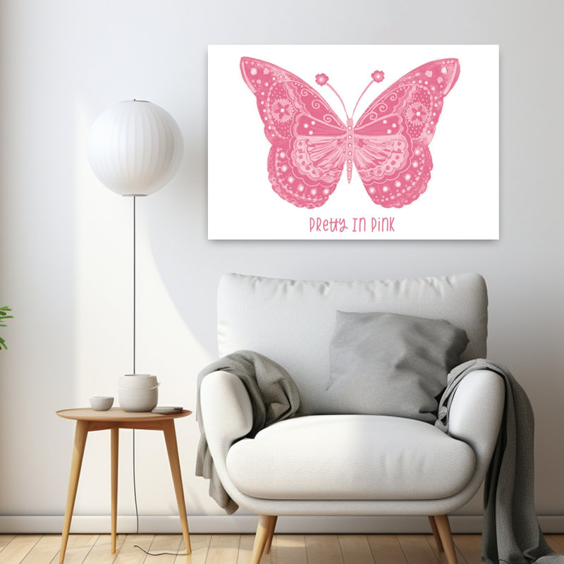 Joli papillon rose fantaisiste, art contemporain, H 24 po x l 36 po