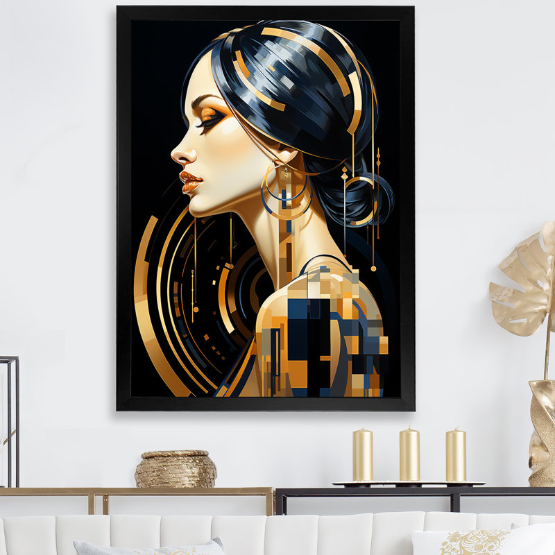Portrait de femme art déco noir et or I, Cadre simple noir, H 20 po x l 12 po x P 1 po