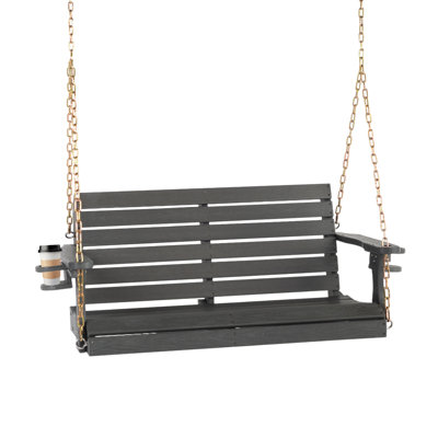  4 Ft 2-Person HDPE Patio Porch Swing With Rotatable Cup Holder In Gray Wood Grain
