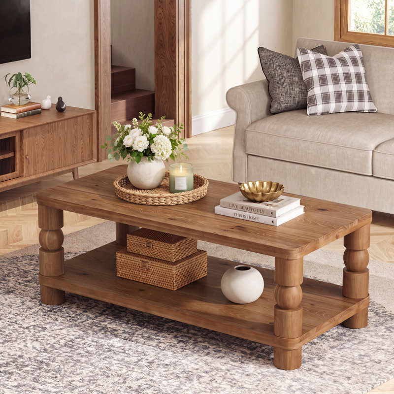 Table basse en bois massif de 119 cm avec rangement, table centrale de style campagnard avec pieds tournés