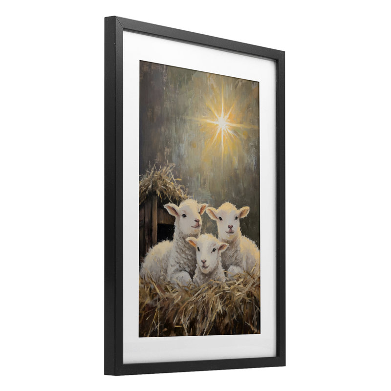 «Festive Lambs in Stable», reproduction encadrée sous verre, design par Petal Prints Design, H 20 po x l 14 po