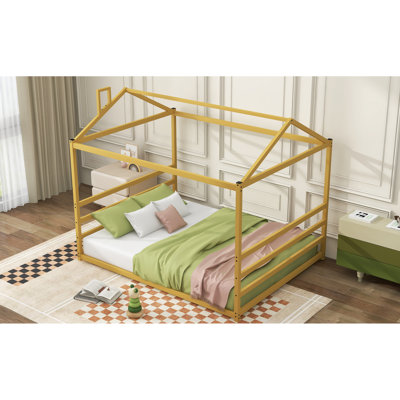 Gold Metal House Platform Bed, Queen - Comfortable And Stable Sleeping Choice Shape Bed Elegant Centerpiece For Bedroom