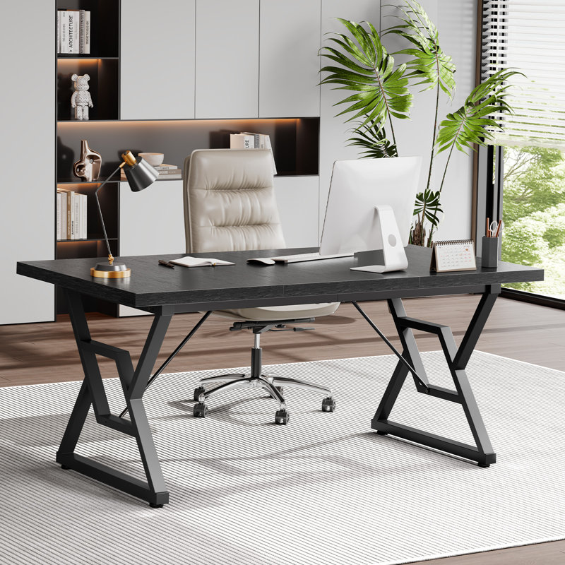 Bureau d'ordinateur avec plateau en bois épais et structure en métal, H 29,52 po x l 63 po x P 31,5 po, Noir