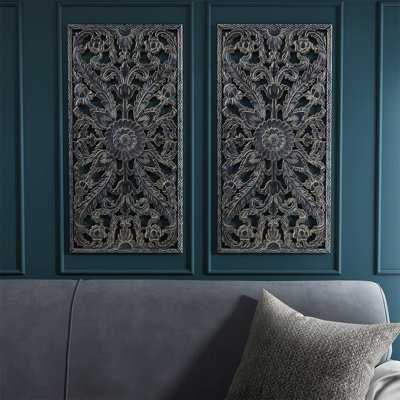 2 décorations murales vieillies - Fleur de lotus, art antique bleu et doré pour l'intérieur