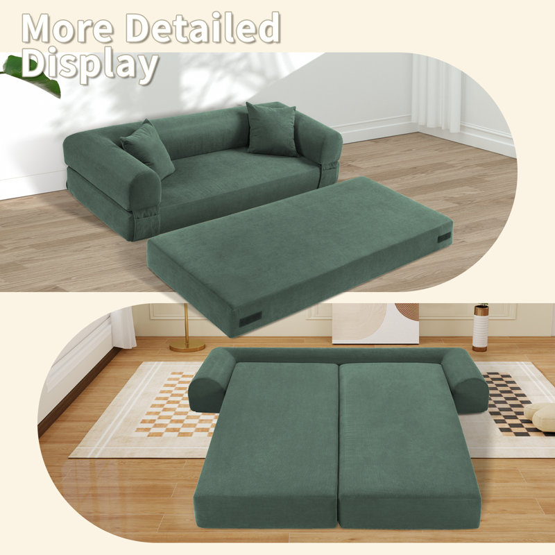 Boneless Convertible Sleeper Sofa Bed with Cylindrical Pillow, Corduroy Folding Mattress Couch, Floor Sofa Sofa-in-a-Box, No Installation & Easy to Transport, Deep Seat