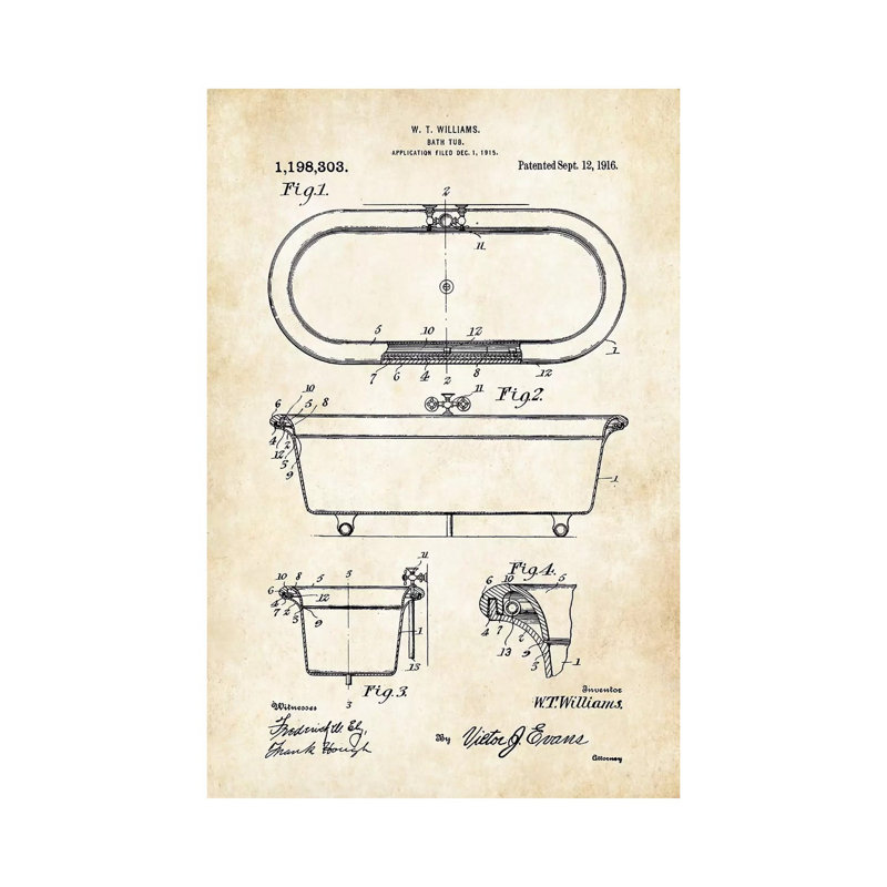 Antique Bath Tub (1916) by Patent77 - Wrapped Canvas Painting, 101.6 cm H x 66.04 cm W x 3.175 cm D
