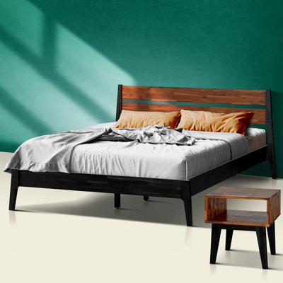 Ensemble de chambre à coucher 2 pièces Callisto - Structure de lit plateforme en bois massif et table de chevet assortie. Maison de campagne moderne de style Mid-Century. Capacité de 800 lb. Aucun sommier tapissier requis