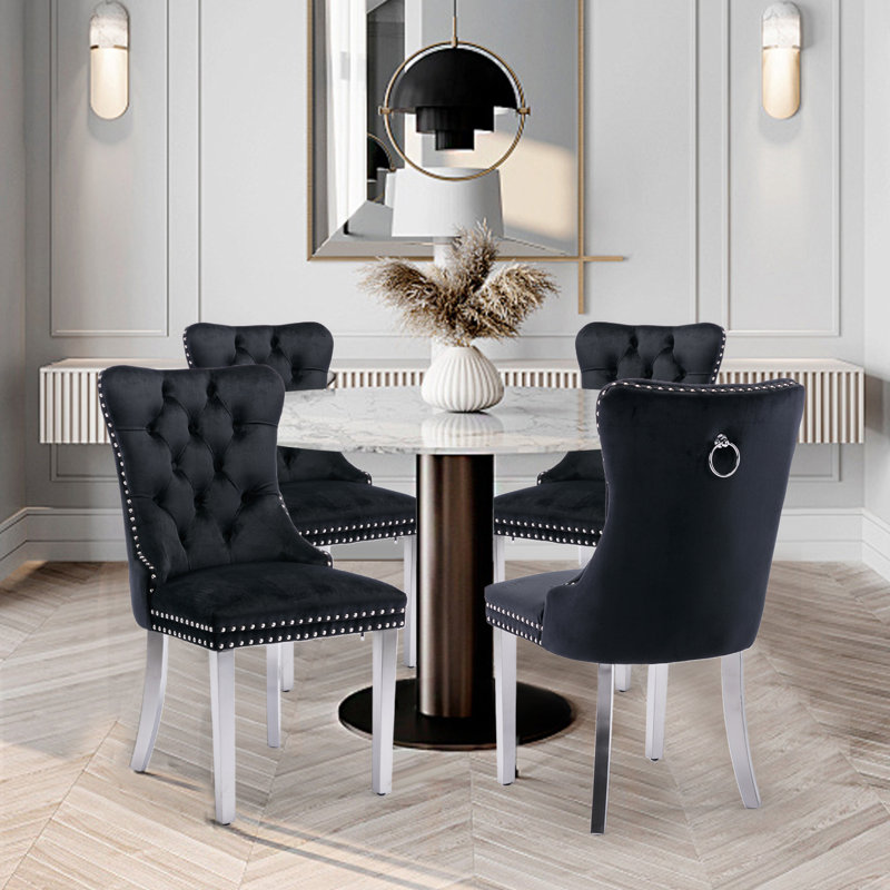 Ensemble de 4 chaises de salle à manger rembourrées en velours avec pieds argentés, Noir, noir, noir, noir, Argent argent