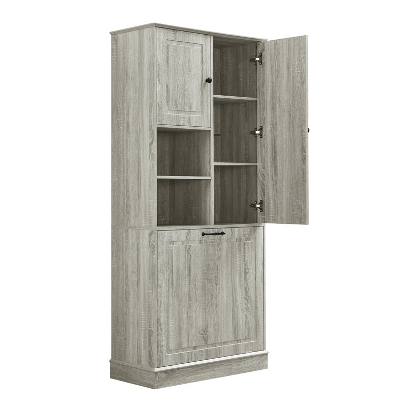 Tall Storage Cabinet with Adjustable Shelves, Large Flip-Out Basket & Enclosed Compartments - Perfect for Bathroom, Living Room or Office, MDF with Aluminum Handles
