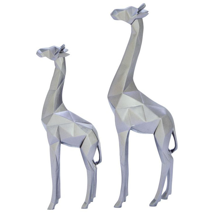 Silver Geometric Polystone Giraffe Sculptures, Set of 2