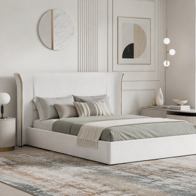 Luxury Wing‑Back Upholstered Bed Frame, High Large Padded Headboard, Soft Chenille Fabric, Sturdy Solid Frame for Bedroom, Mattress Not Included