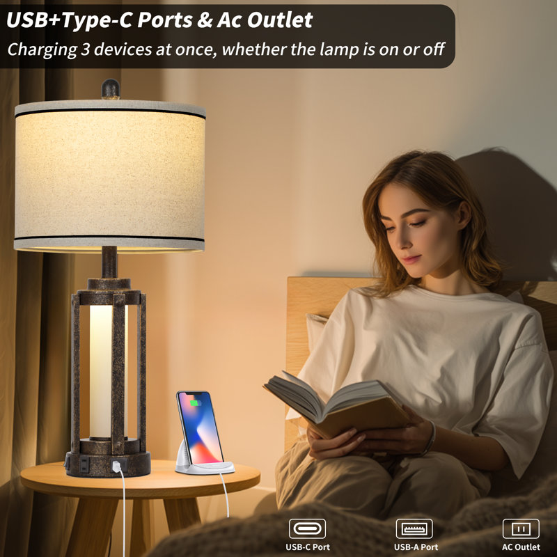 Tatyanna 25.5" Modern USB Table Lamp Set with Night Light, Built-in Outlet, Distressed Black