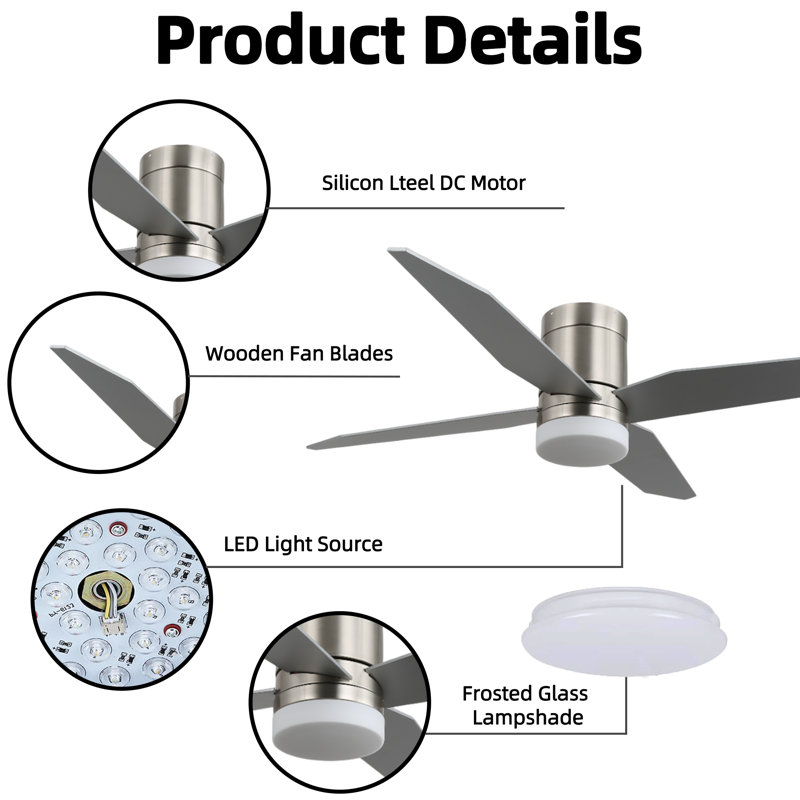 52" Contemporary Flush Mount Ceiling Fan with LED Light, 4 Reversible Wood Blades, DC Motor, Remote Control, Dimmable & Color Adjustable Lighting for Bedroom or Living Room