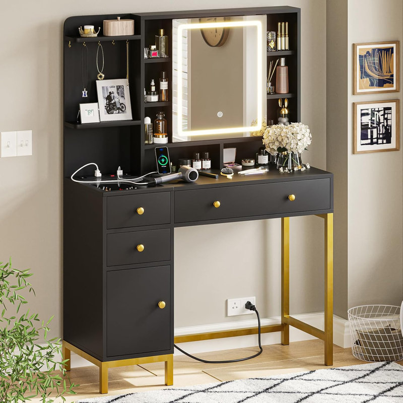 38.6" W Glass Tabletop Makeup Vanity Desk with Display Shelf, Dressing Table with 4 Drawers, LED Lights Mirror and Charging Station, Black