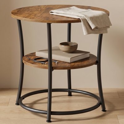 21.7-inch Round Side Table - 2-tier End Table And Nightstand With Steel Frame And Spacious Top, For Small Spaces, Living Room, And Bedroom, Rustic Brown And Ink Black