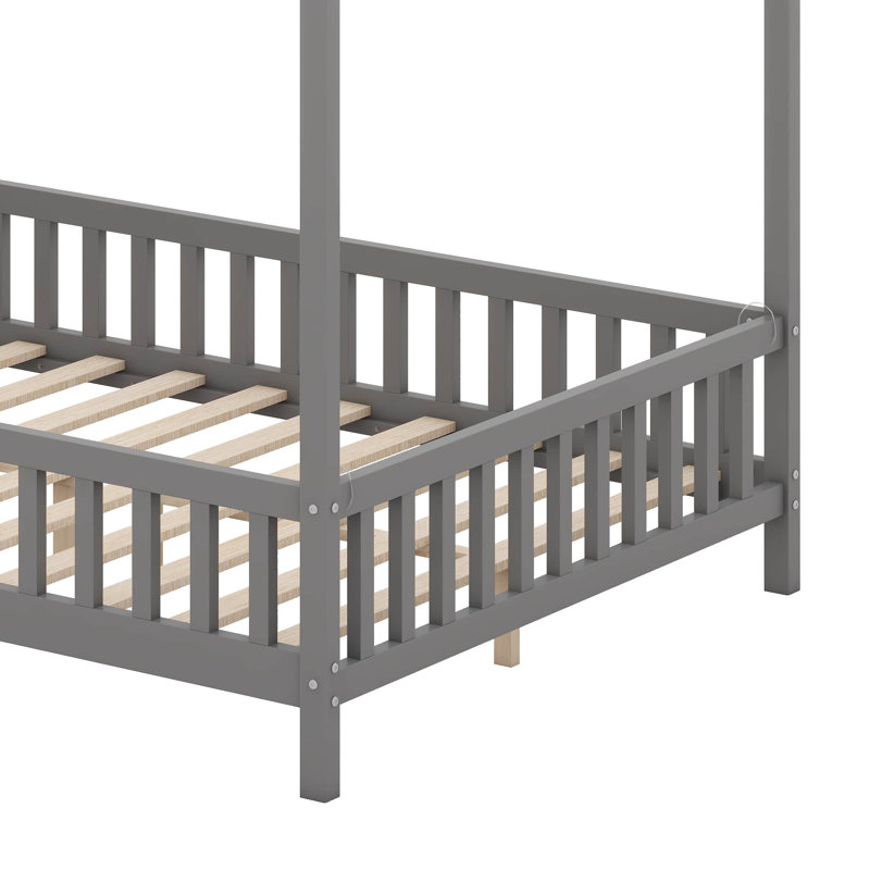 Lit de maison avec auvent, structure en bois, balustrades haute sécurité et toit incliné, conception de lit de plancher à profil bas