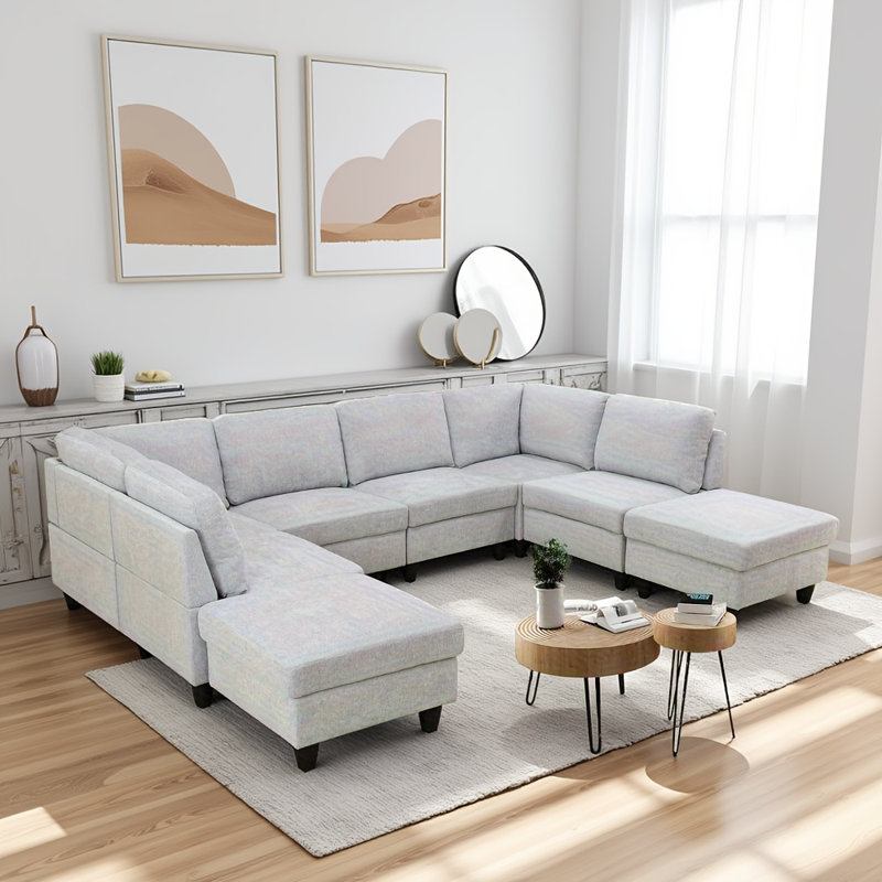 Ensemble de canapé de salon en flanelle gris et blanc 8 pièces avec dossier ergonomique et combinaison libre