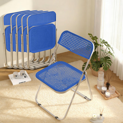 Set of 6 Breathable Plastic Folding Chairs Steel Frame Stackable for Indoor Outdoor Events, Blue