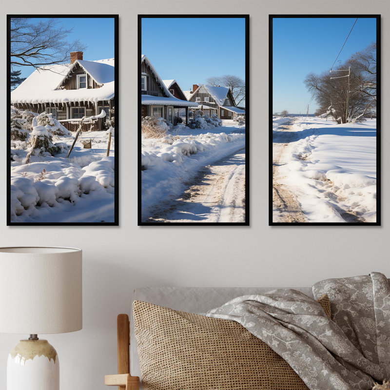 «Snowy Country Road I - Winter Mountains», art mural, Cadre flottant noir, H 28 po x l 36 po x P 1 po
