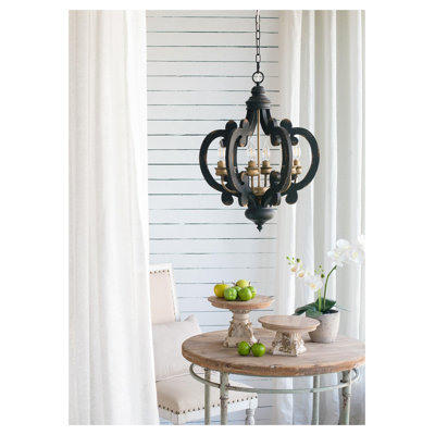 Lustre antique 6 lumières en bois aggloméré et en fer sculpté noir avec détails dorés