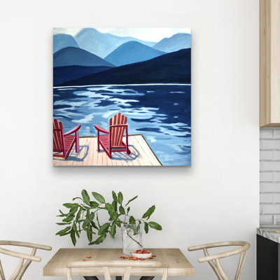 Lake, dock, mountains & chairs - 32"x32" art on canvas