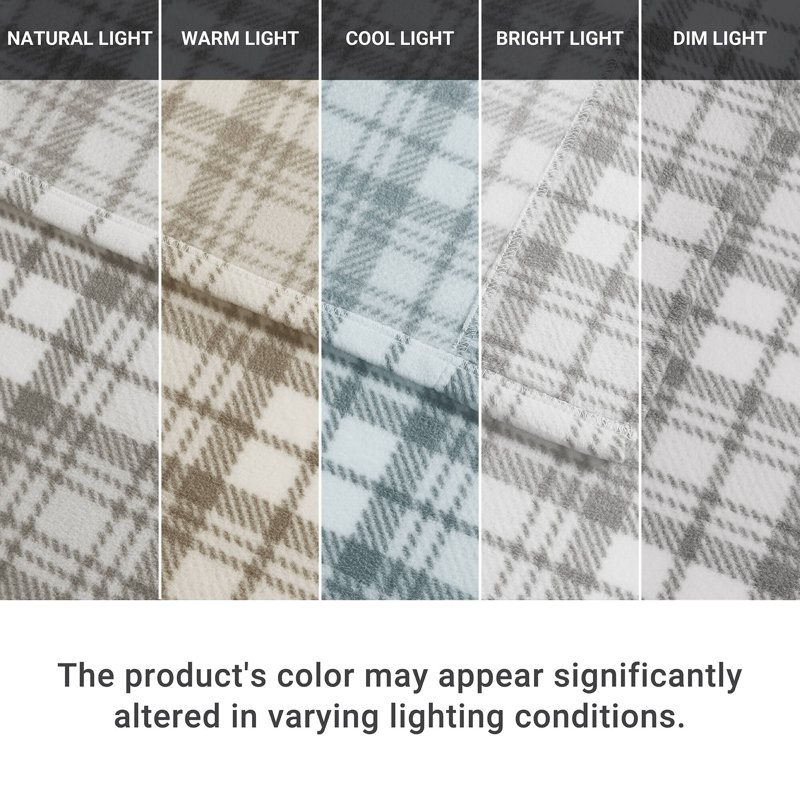 Micro Fleece Sheet Set, Queen Sheet Set with 2 Pillowcases, Gray Plaid