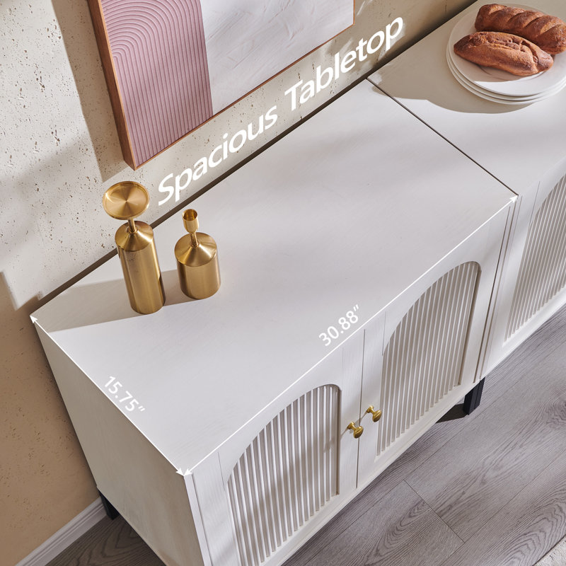 Buffet moderne cannelé avec rangement, Blanc, One piece, H 34 po x l 30,88 po x P 15,75 po