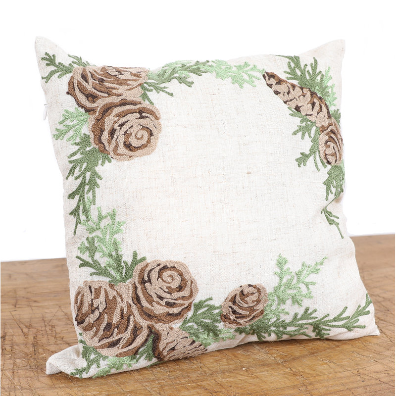 Winter Pine Cones & Branches Embroidered 14"x14" Pillow