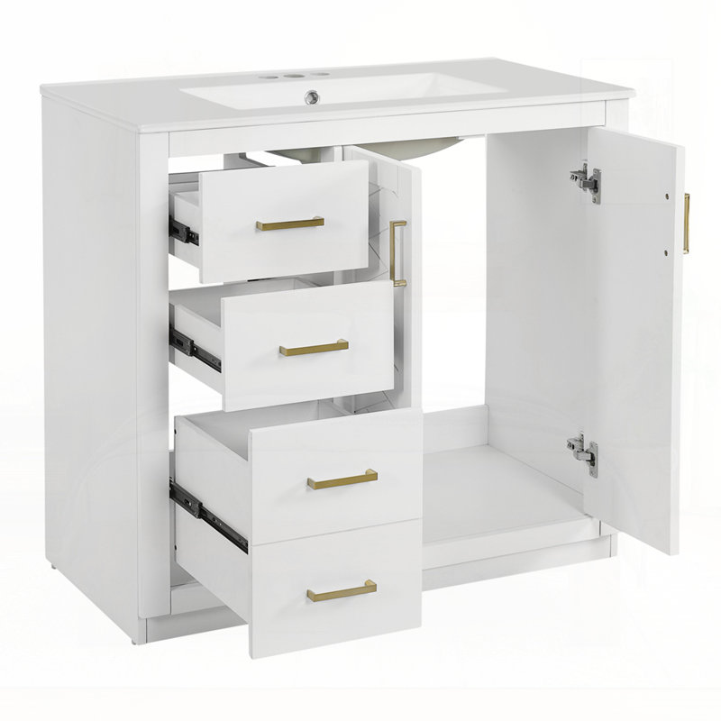 Meuble-lavabo 36 po avec lavabo en céramique, Blanc, Doré