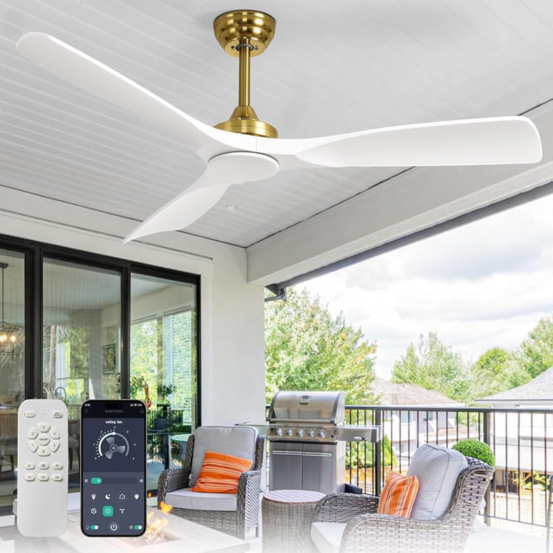 Ceiling Fan Indoor/Outdoor Fan for Patios With Remote App Control, Gold, White, 52" Wide