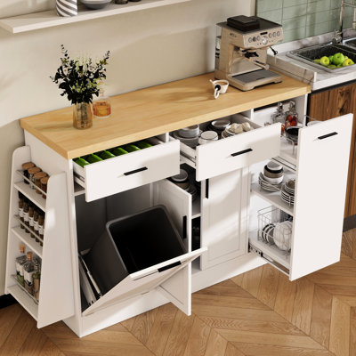 Kitchen Sideboard With Hidden Trash Cabinet, 3 - Tier Spice Rack, And Two Tone Design. Drawers Double Door Cabinet For Organized Multi Functional Storage Can, Sliding Cabinet. Ideal Dining Room Use