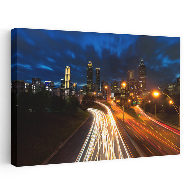 Cityscape with light trails on road at night Jackson Street Bridge Atlanta Georgia USA 1 Piece Wrapped Canvas Wall Art