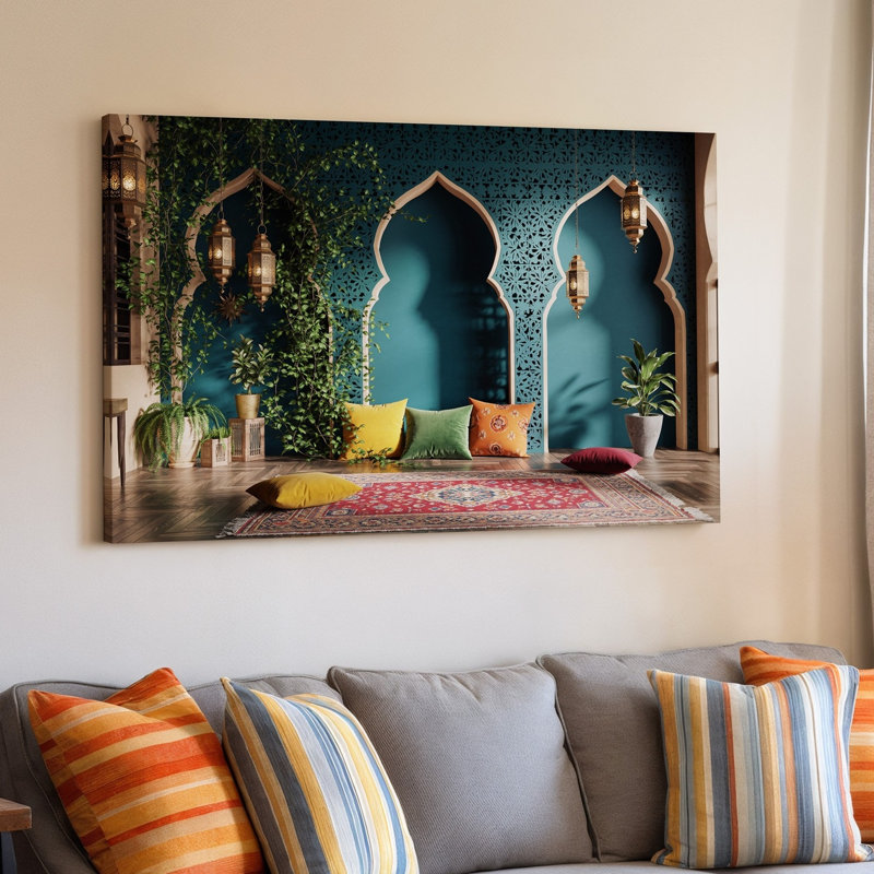 Toile, scène intérieure marocaine vibrante avec un fond d'art mural richement décoré avec des arches complexes et un art mural sur toile luxuriante
