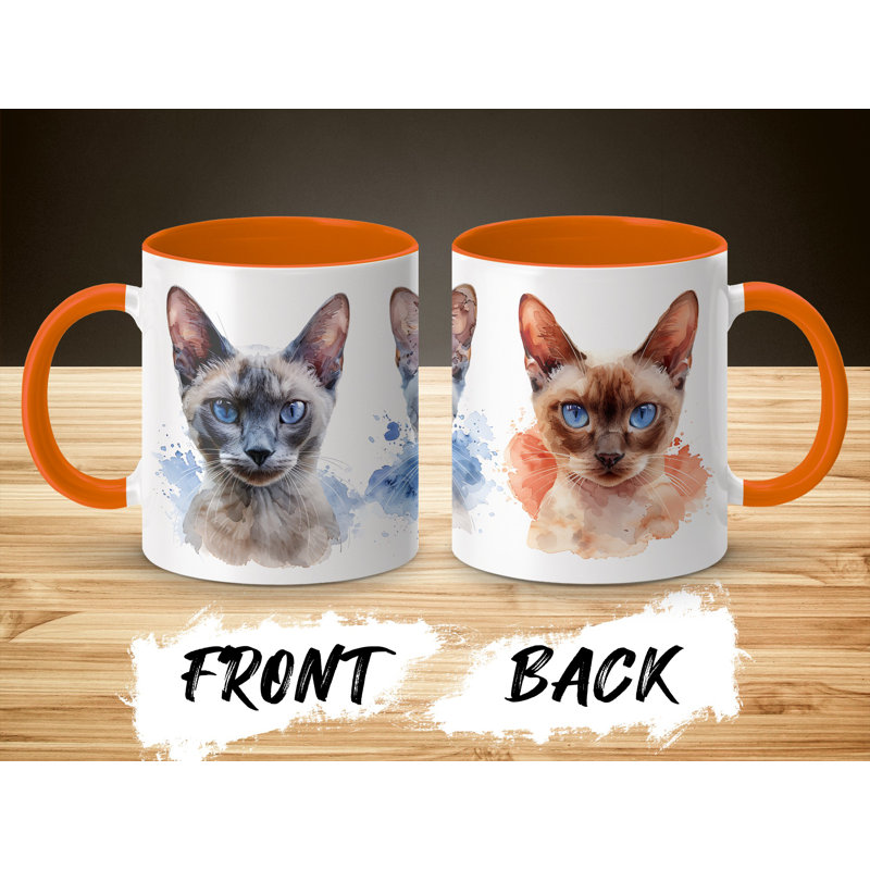 Cat Design 11oz Accent Mug – White Ceramic Coffee Cup with Colored Handle and Interior, 4, Orange