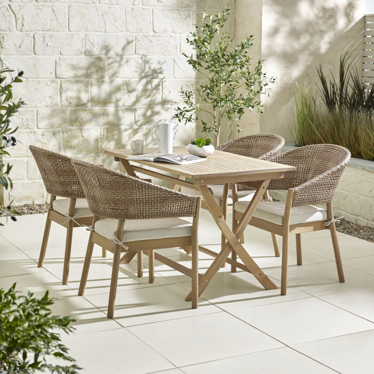 Melony Solid Wood Rectangular Garden Dining Table With 4 Wicker Effect Dining Chairs - Modern Boho