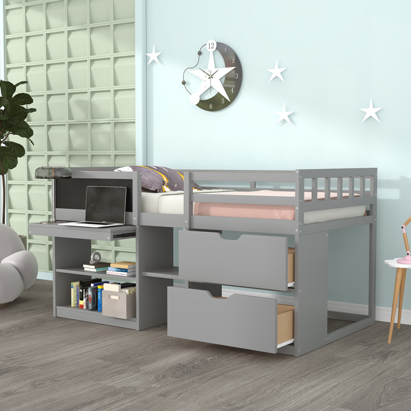 Lit mezzanine simple avec tiroirs Heldreth Kids, gris
