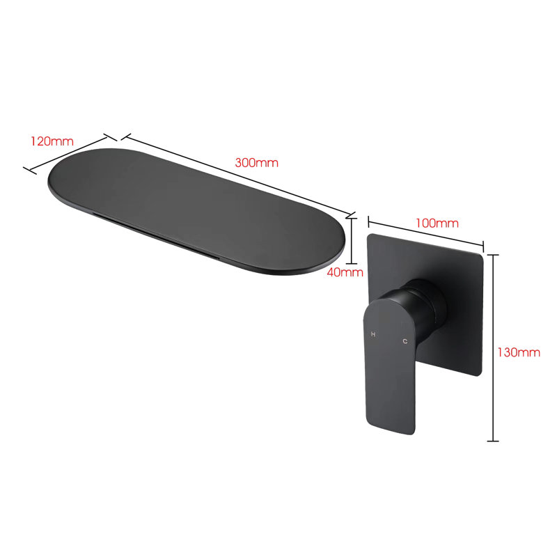 Robinet de lavabo de salle de bain en acier inoxydable - fixé au mur, noir mat, conception de cascade à poignée simple - poignée noire