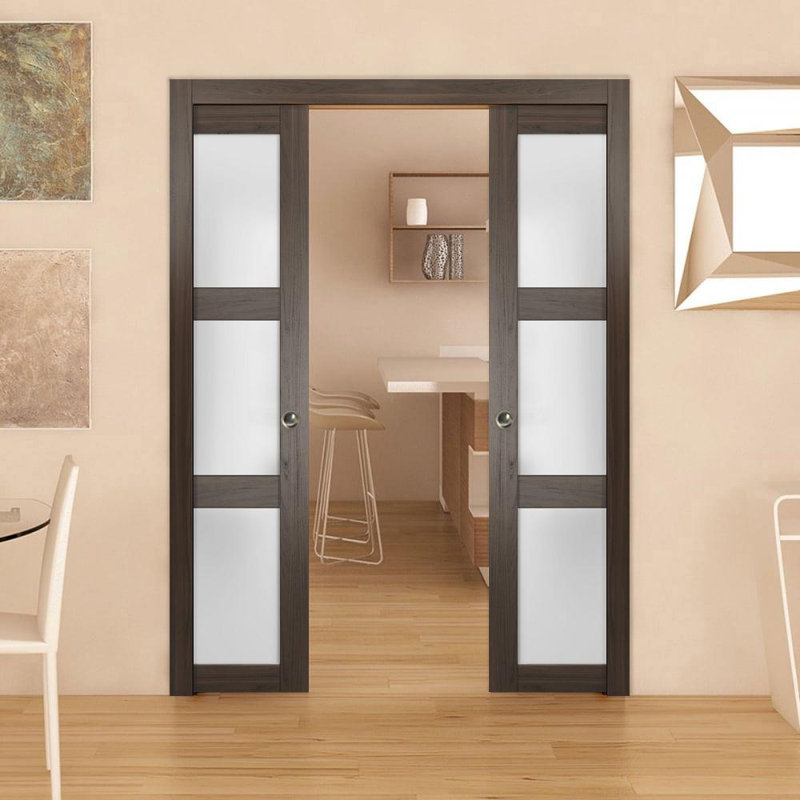 Portes de placard coulissantes en verre dépoli Lucia, Frêne chocolat, 64 po x 96 po