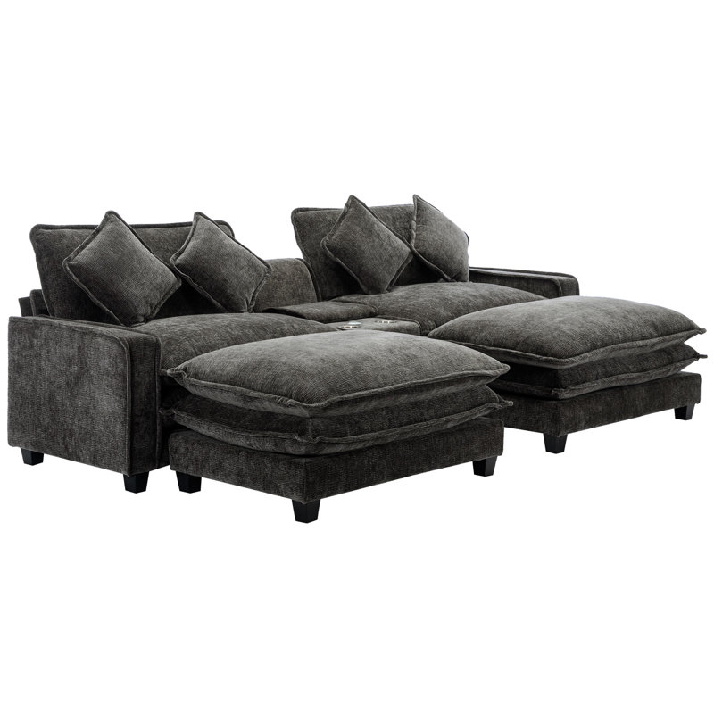 Grey 111" Sectional Upholstered With Two Removable , Double Cushion, Cup Holders, Ports And Storage Box Chenille 4 Pillows, Charging Hidden For Comfortable Living