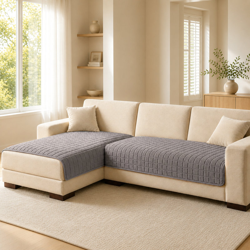 2 Piece Quilted Plush Sectional Sofa Cushion Cover Set, Non Slip Washable Protector for L Shaped Couch, Dark Gray