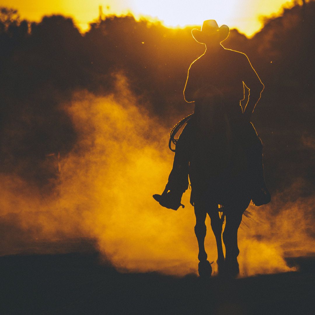 Cowboy Riding In Sunset von Peeterv - Leinwandbild