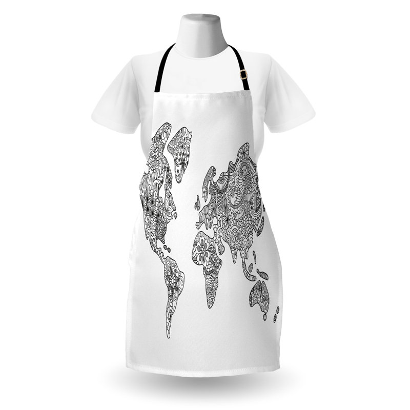 Tablier de carte du monde East Urban Home unisexe, Continents floraux, taille adulte, noir et blanc
