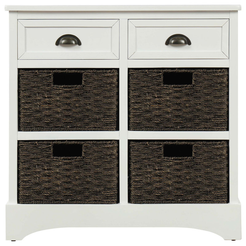 Rustic Storage Cabinet, 2 Drawers & 4 Rattan Baskets, Farmhouse Style, White
