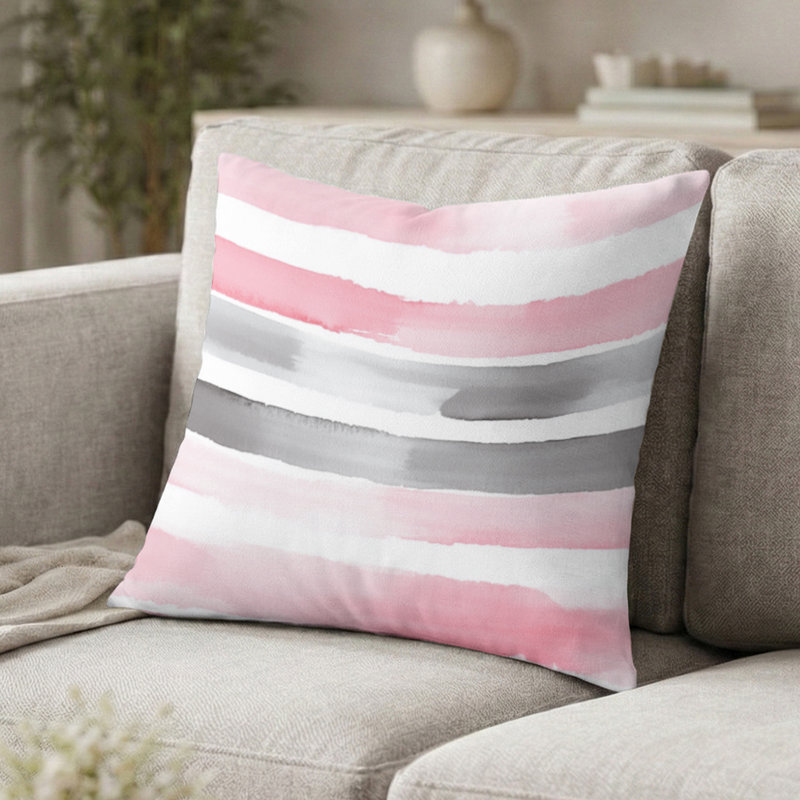 Coussin décoratif moderne à rayures - rose et gris, H 16 po x l 16 po