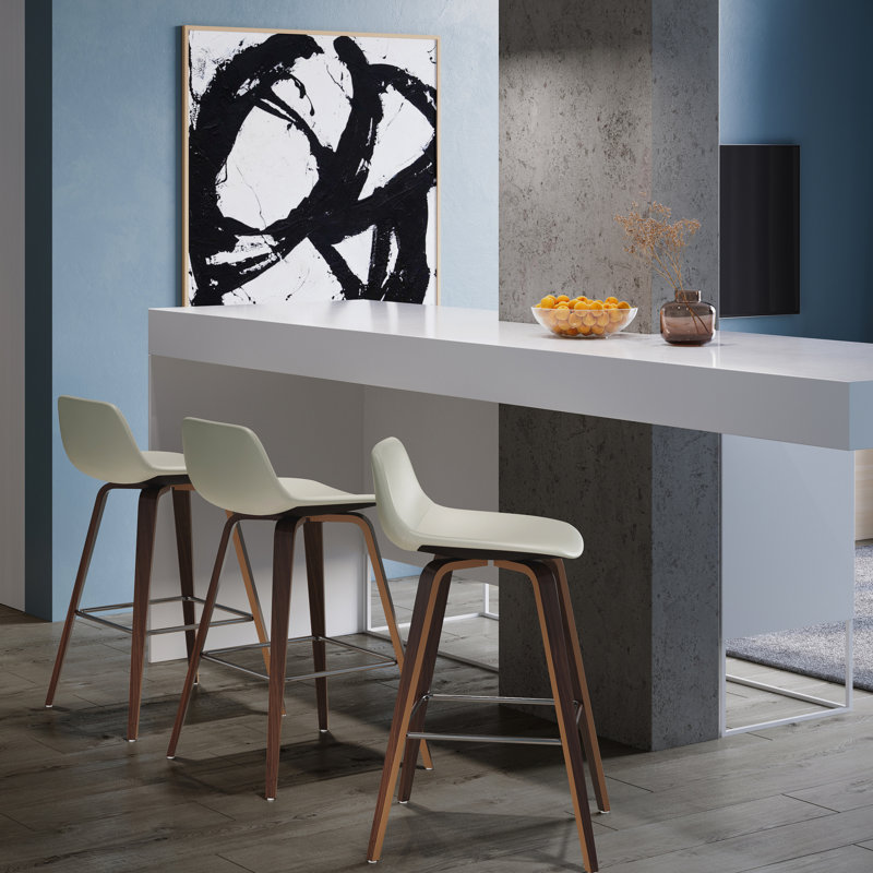 De 2 tabourets de hauteur de comptoir / de bar - Assise rembourrée crème avec repose-pieds brun, repose-pieds, repose-pieds, pieds, style Mid-Century moderne, assemblage