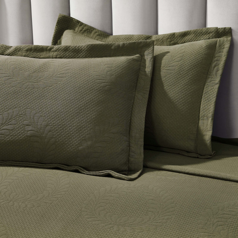 Ensemble de couvre-lit matelassé 100% coton Blue Nile Mills, Couvre-lit pour très grand lit + 2 taies décorat, Vert olive