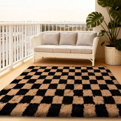 Tapis à carreaux noir et chameau pour l'intérieur, adapté aux salons, aux chambres et aux chambres d'enfants.