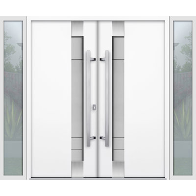 Porte d'entrée extérieure prémontée en métal, porte double 1713, émail blanc, verre dépoli, 2 impostes latérales, fenêtres extérieures noires, porte moderne peinte, ouverture intérieure gauche, 104 x 80